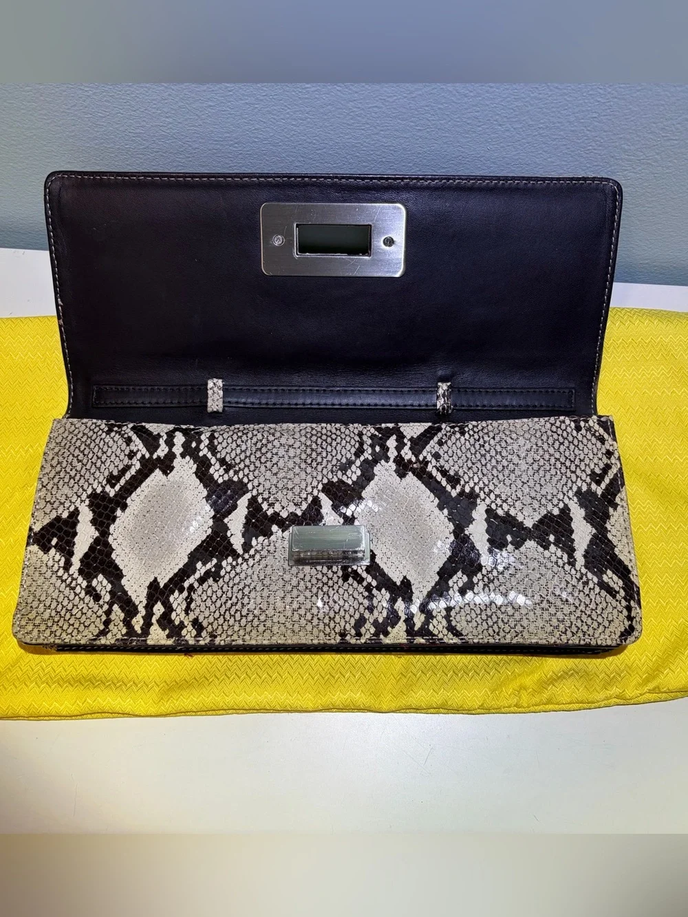Donald J Pliner Snakeskin & Leather Clutch Cutch Removable Strap & Dust Cover